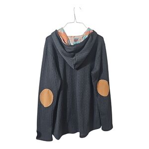 Hemish USA Waffle Knit Hooded Pullover Black Camel Elbow Patches Size Large